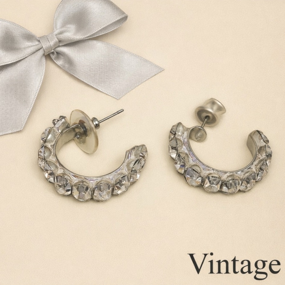 Crystal Rhinestone Mini Hoop Earrings Silver Tone